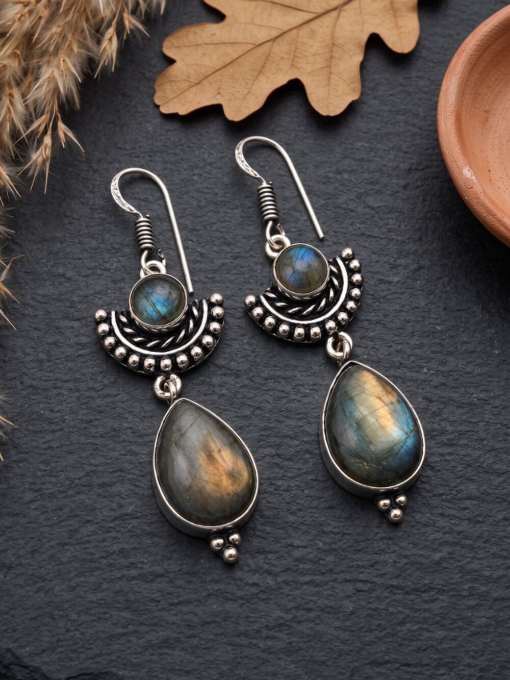 925 Sterling Silver Genuine Labradorite Teardrop Dangle Earrings Boho 2.25"